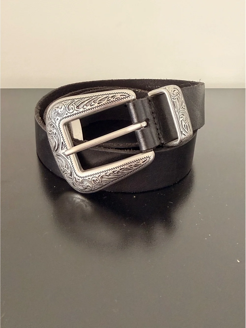 Urban Outfitters Black Leather Western Style Belt with Engraved Silver Buckle